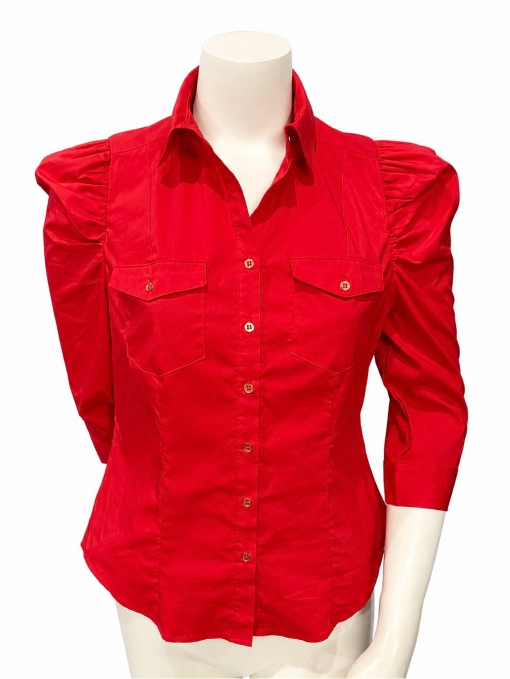 7th Avenue Design Studio Red Puff Sleeve Button Front Blouse Small NWT - Picture 2 of 9